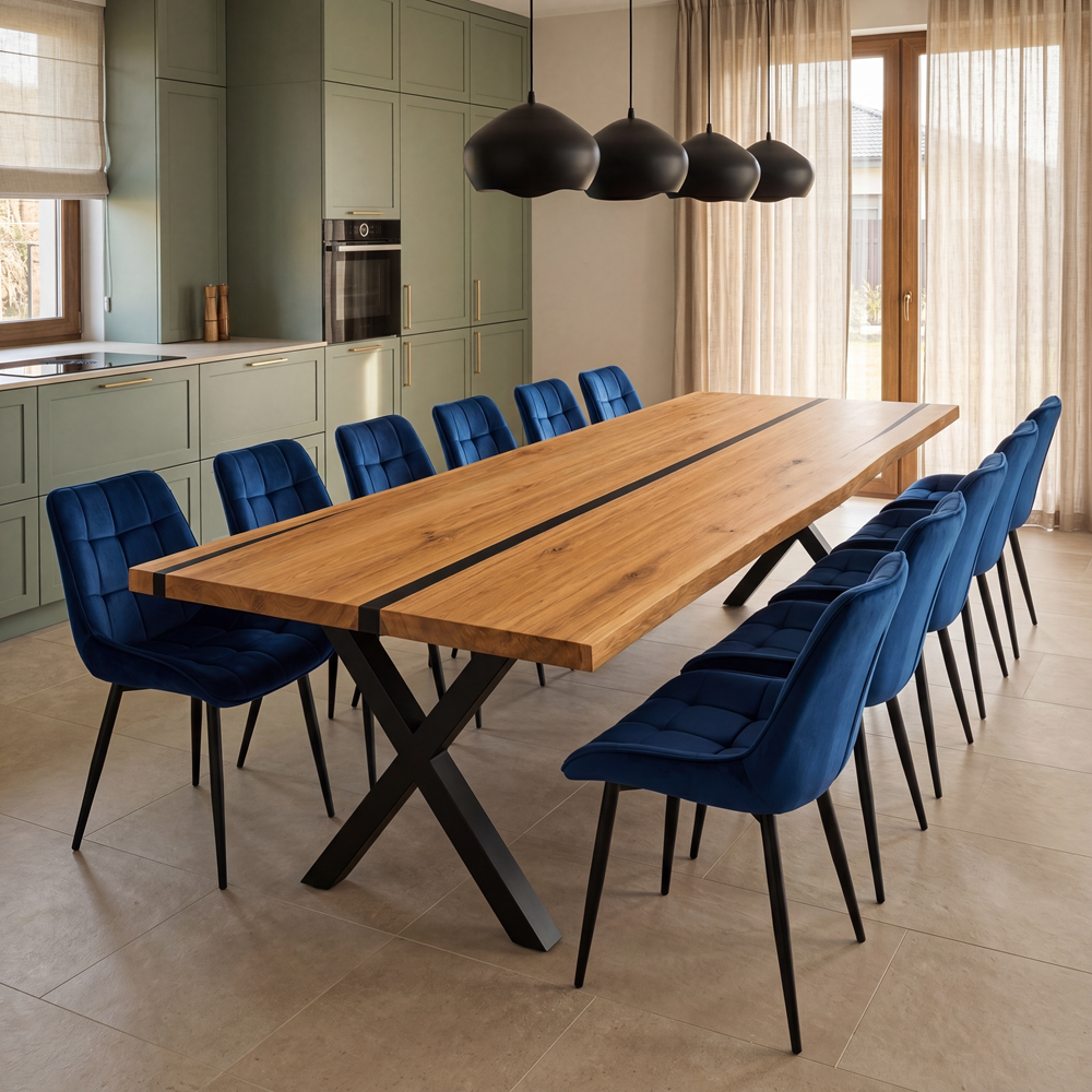 Eichenholztisch mit Harz – rustikales Modell für 12 Personen – 260x100x4 cm