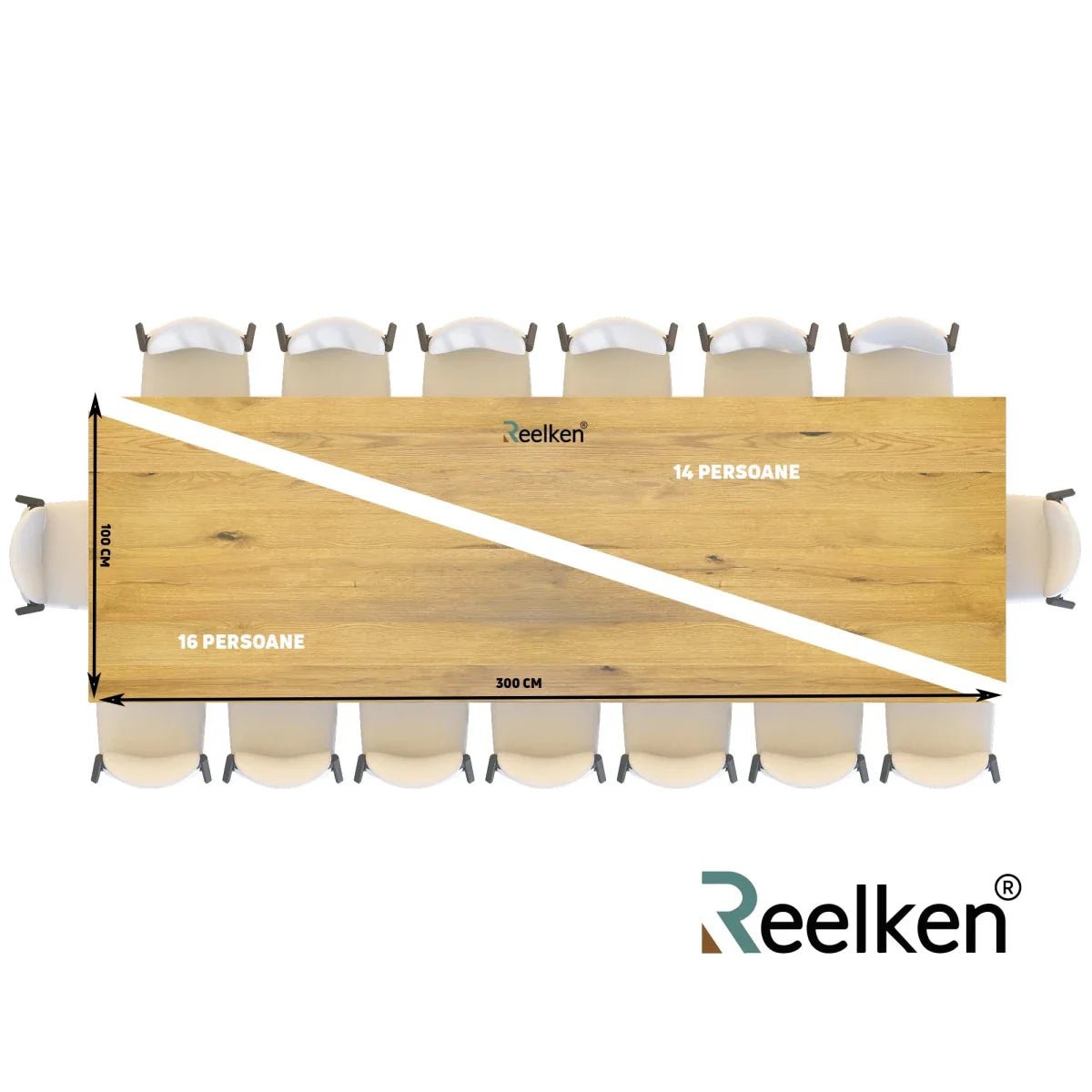 Blat de masa din stejar masiv model rustic - 14 persoane -300x100x4cm - Reelken