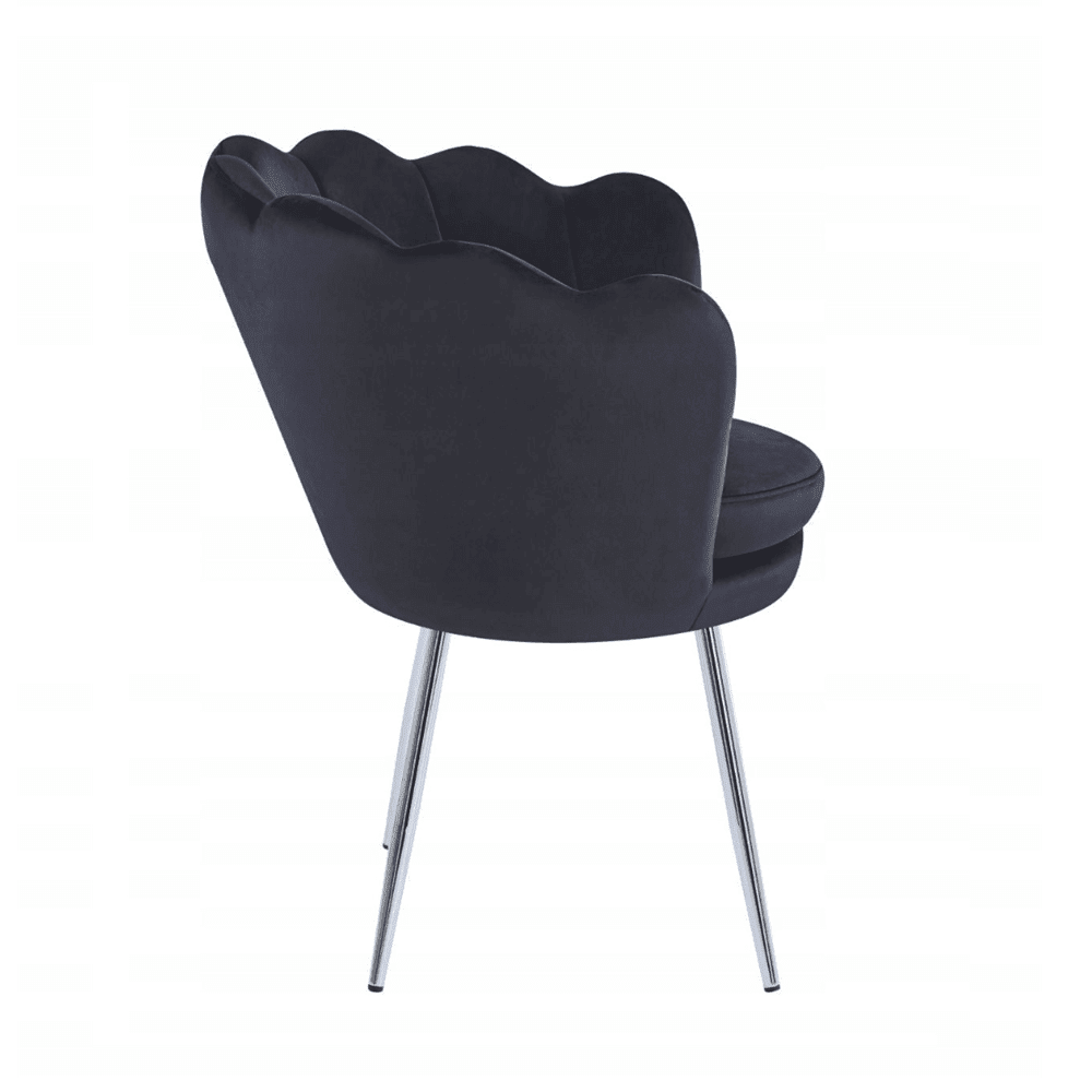 Fotoliu tapitat din catifea neagra, stil glamour modern, picioare metalice crom argintiu - Reelken