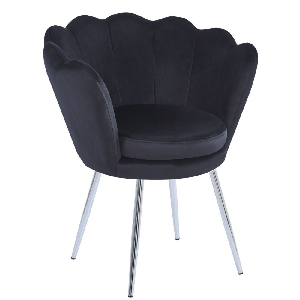 Fotoliu tapitat din catifea neagra, stil glamour modern, picioare metalice crom argintiu - Reelken