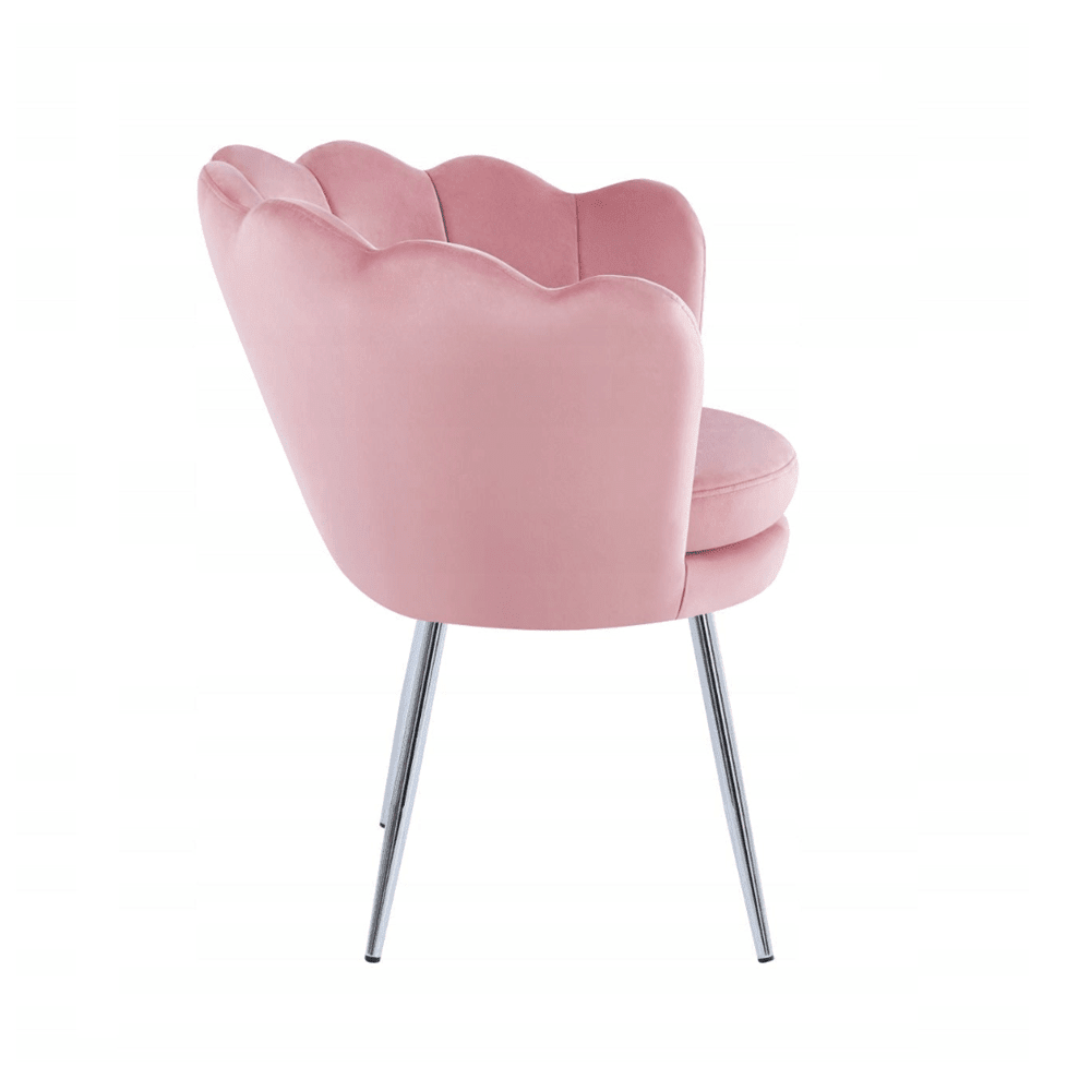 Fotoliu tapitat din catifea roz, stil glamour modern, picioare metalice crom argintiu - Reelken