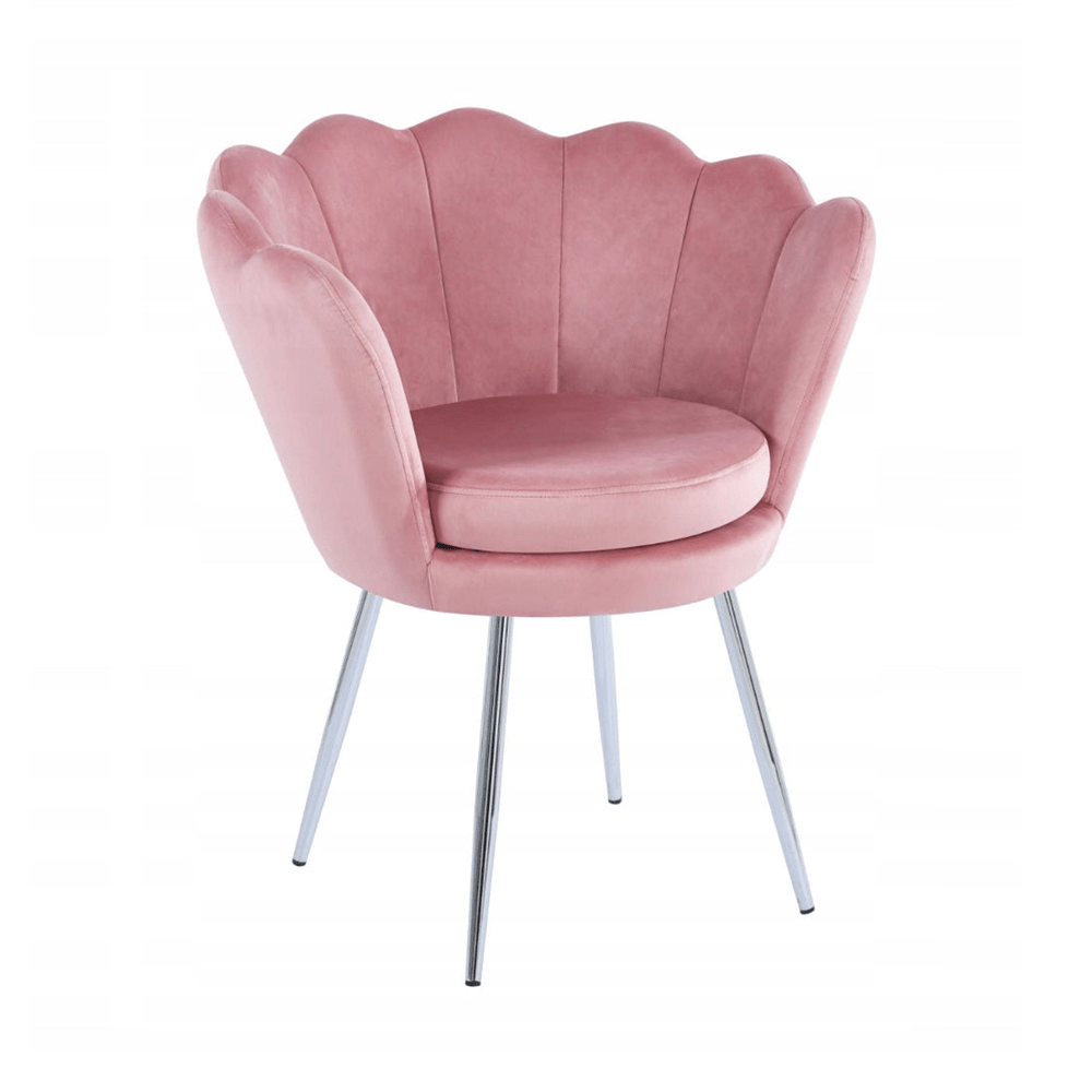 Fotoliu tapitat din catifea roz, stil glamour modern, picioare metalice crom argintiu - Reelken