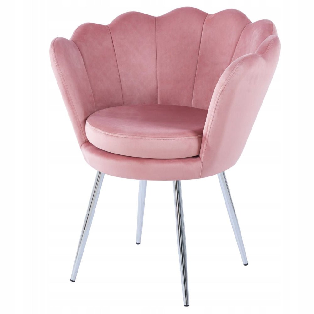 Fotoliu tapitat din catifea roz, stil glamour modern, picioare metalice crom argintiu - Reelken
