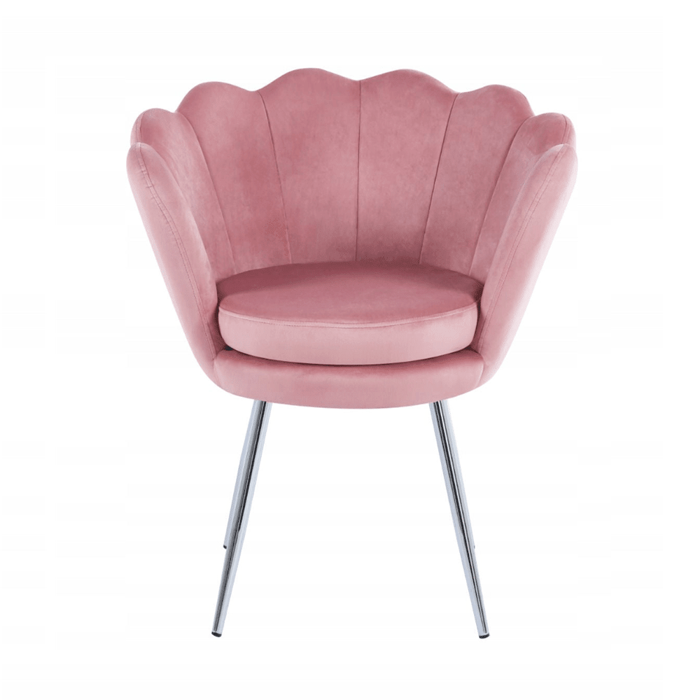 Fotoliu tapitat din catifea roz, stil glamour modern, picioare metalice crom argintiu - Reelken