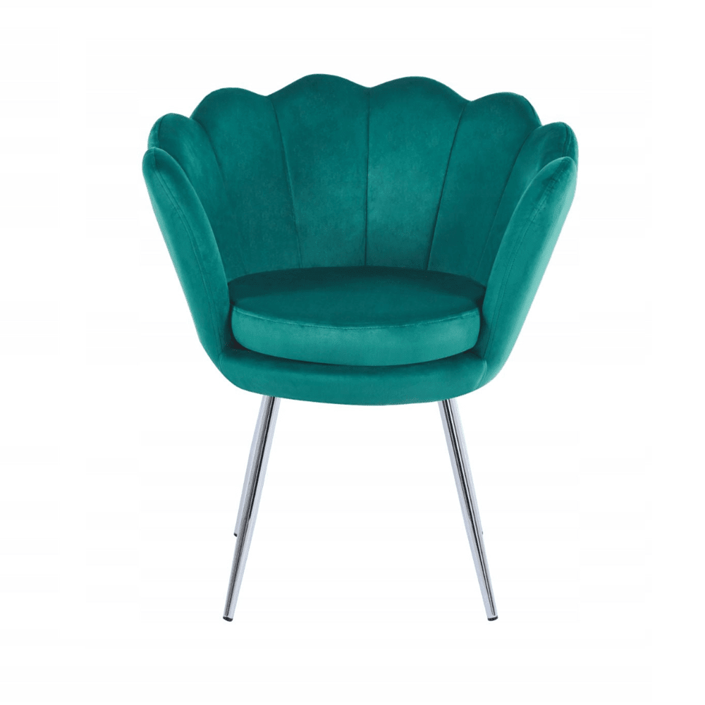 Fotoliu tapitat din catifea verde, stil glamour modern, picioare metalice crom argintiu - Reelken