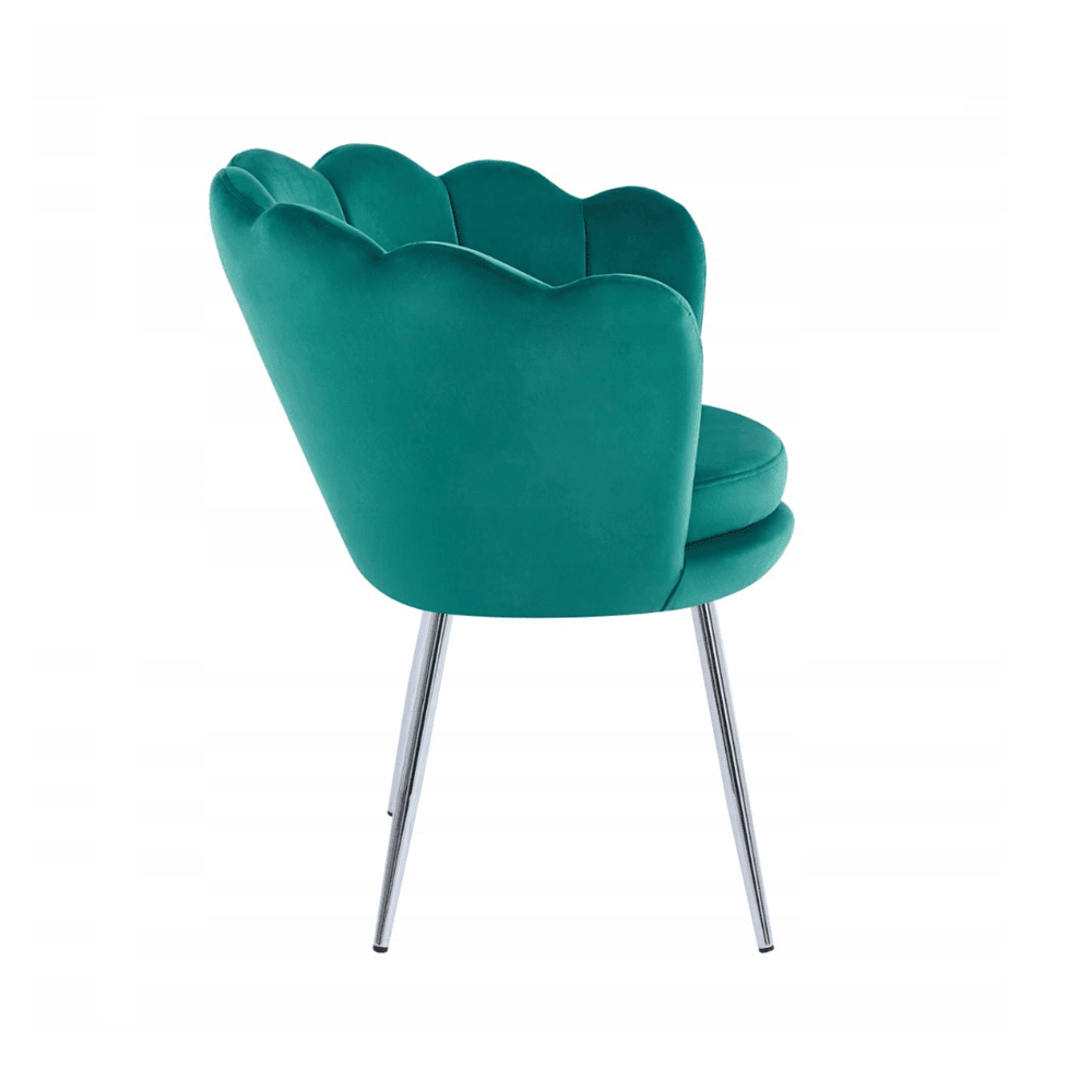 Fotoliu tapitat din catifea verde, stil glamour modern, picioare metalice crom argintiu - Reelken