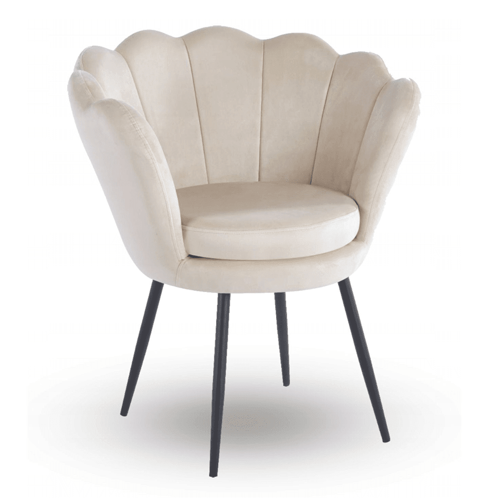 Fotoliu tapitat tip scoica din catifea bej, design modern Glamour, picioare metalice negre, 78x78 cm - Reelken