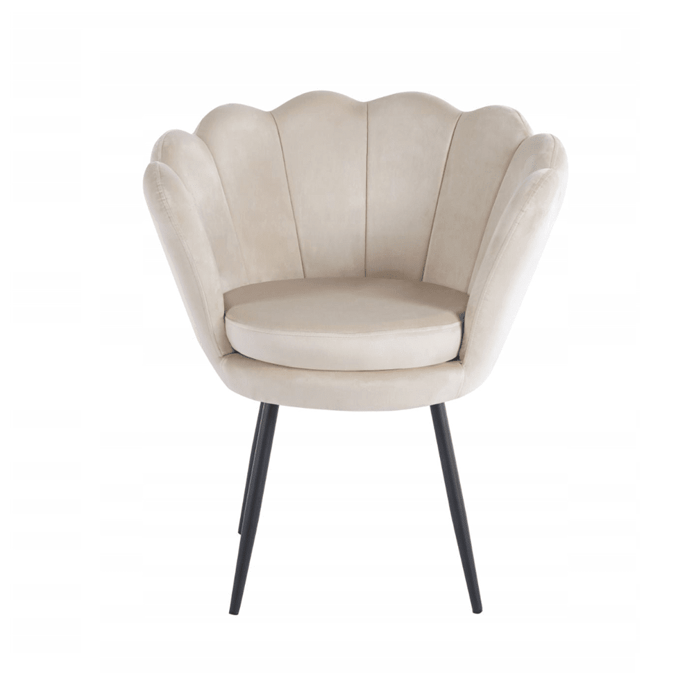 Fotoliu tapitat tip scoica din catifea bej, design modern Glamour, picioare metalice negre, 78x78 cm - Reelken