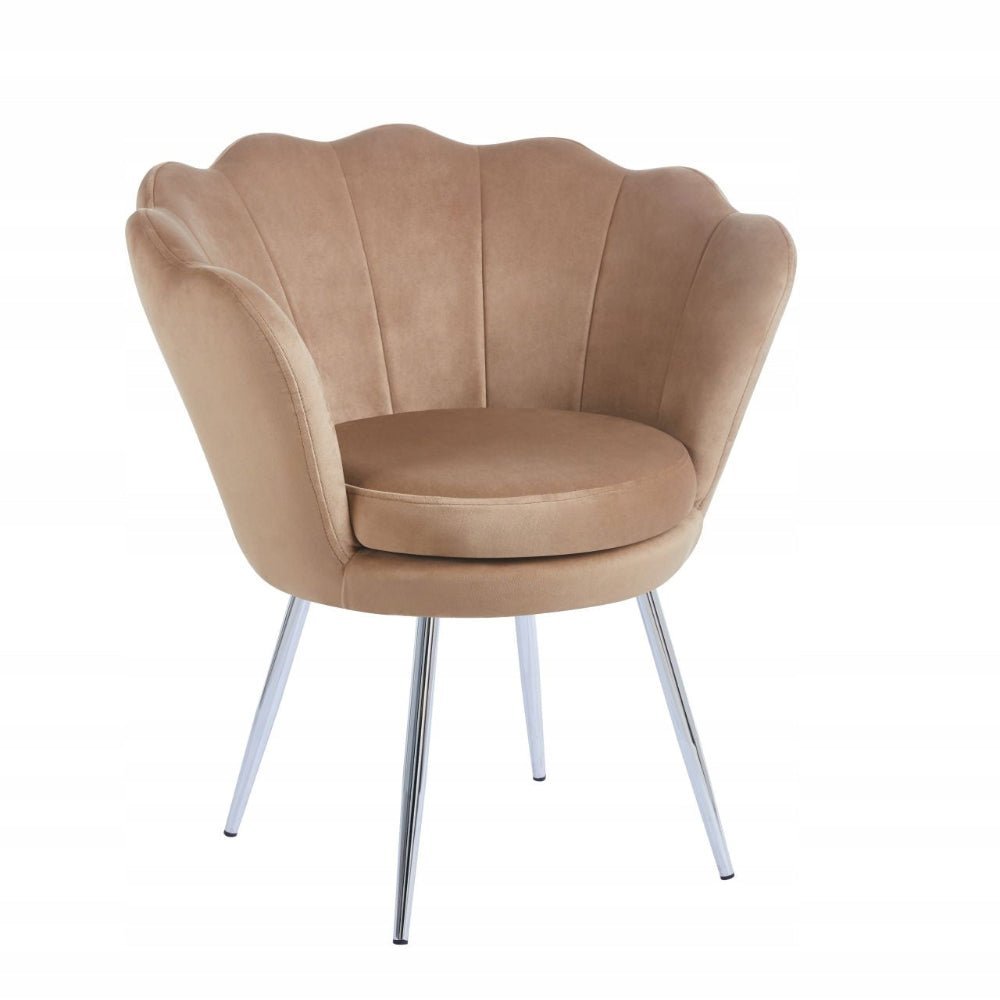 Fotoliu tapitat tip scoica din catifea cappucino, design modern Glamour, picioare metalice cromat - Reelken