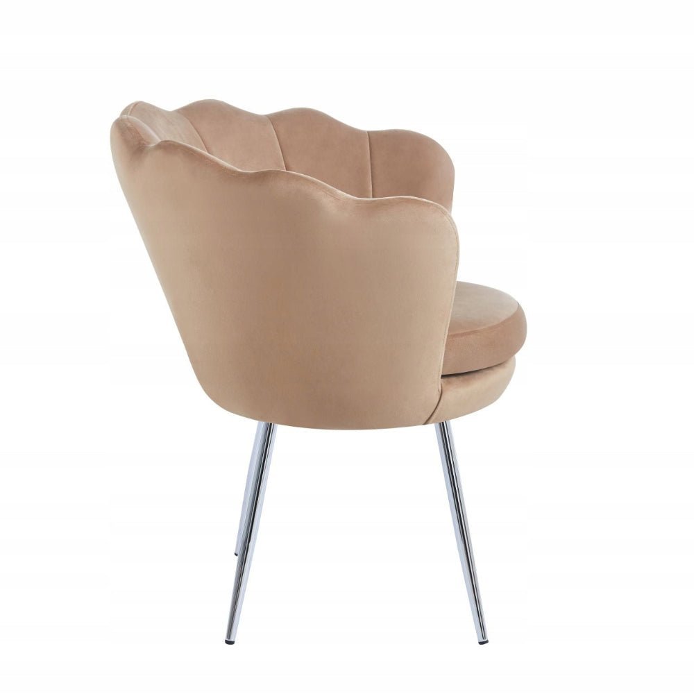 Fotoliu tapitat tip scoica din catifea cappucino, design modern Glamour, picioare metalice cromat - Reelken