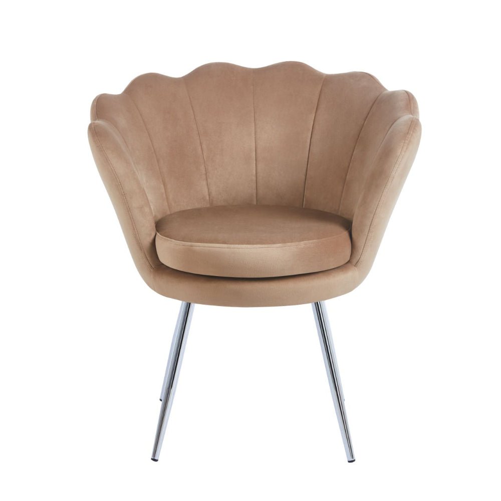 Fotoliu tapitat tip scoica din catifea cappucino, design modern Glamour, picioare metalice cromat - Reelken