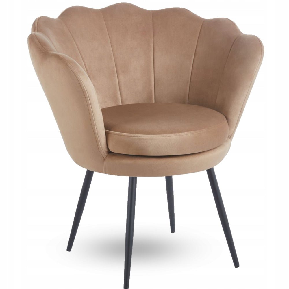 Fotoliu tapitat tip scoica din catifea cappucino, design modern Glamour, picioare metalice negre, 78x78 cm - Reelken