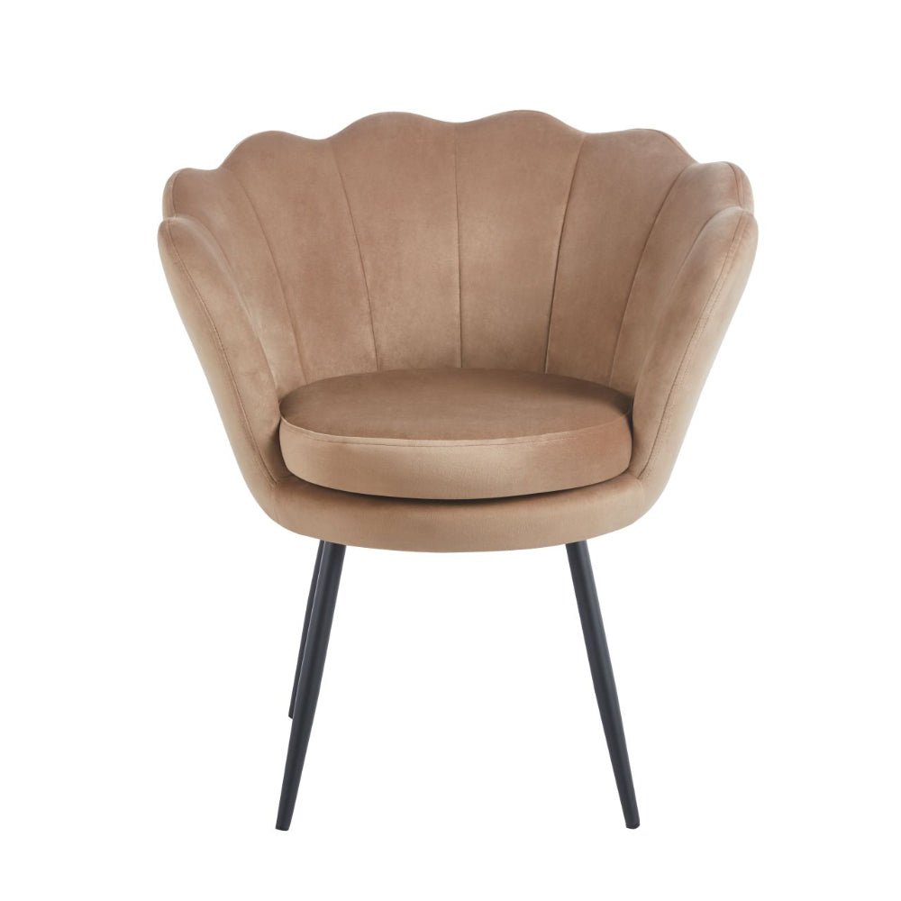 Fotoliu tapitat tip scoica din catifea cappucino, design modern Glamour, picioare metalice negre, 78x78 cm - Reelken