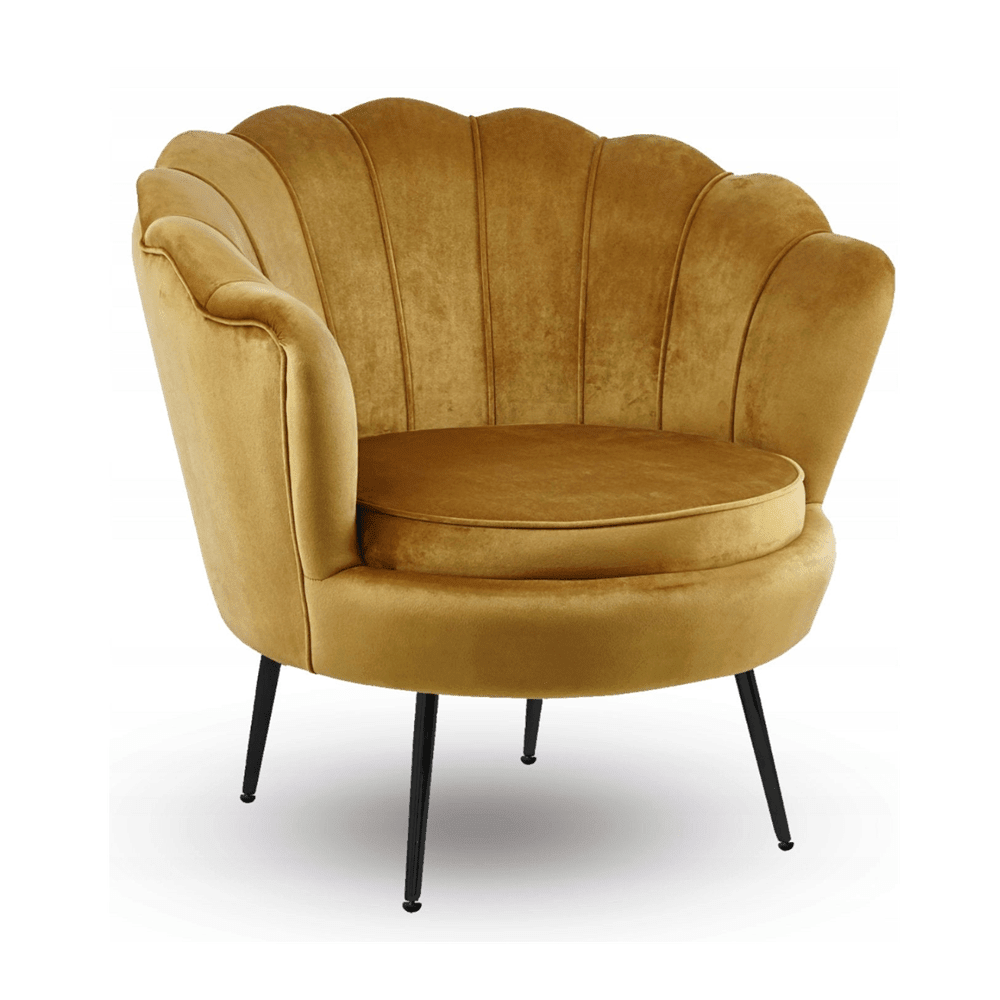 Fotoliu tapitat tip scoica din catifea curry, galben, design modern Glamour, picioare metalice negre, 78x78 cm - Reelken