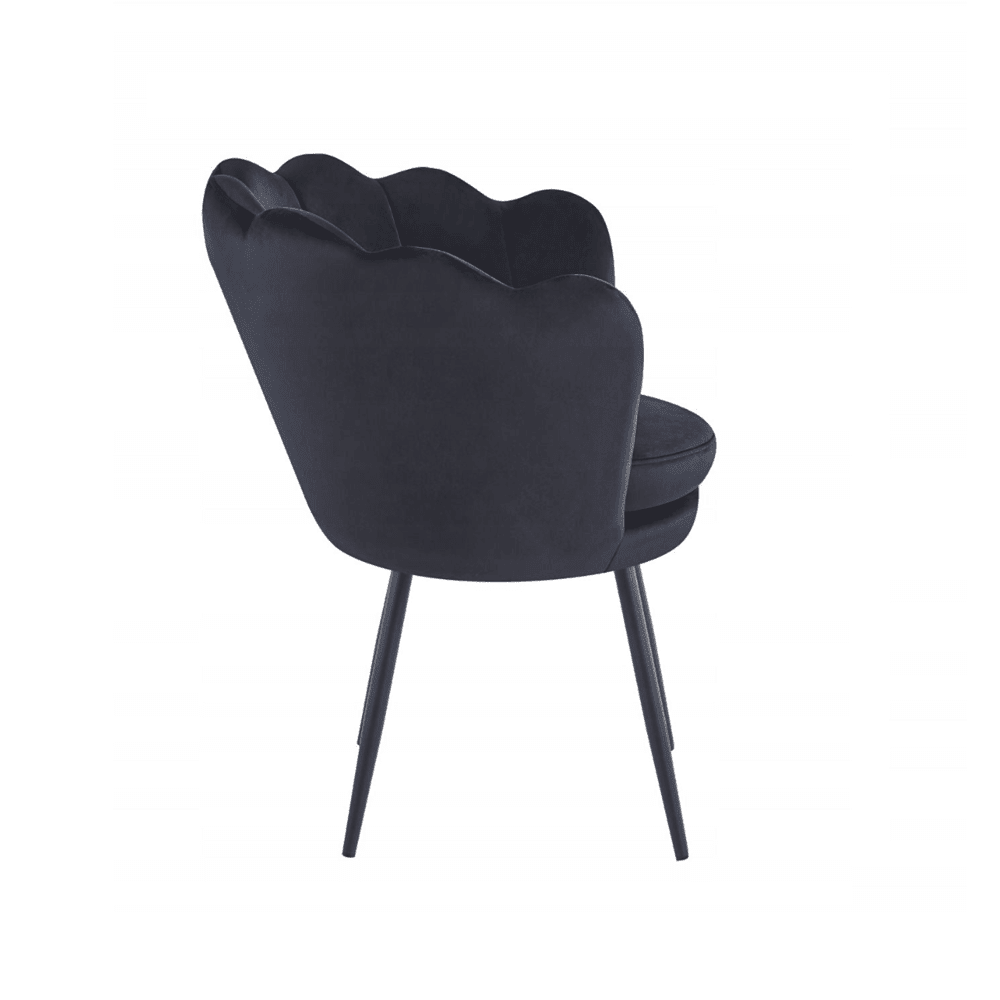 Fotoliu tapitat tip scoica din catifea negru, design modern Glamour, picioare metalice negre, 78x78 cm - Reelken