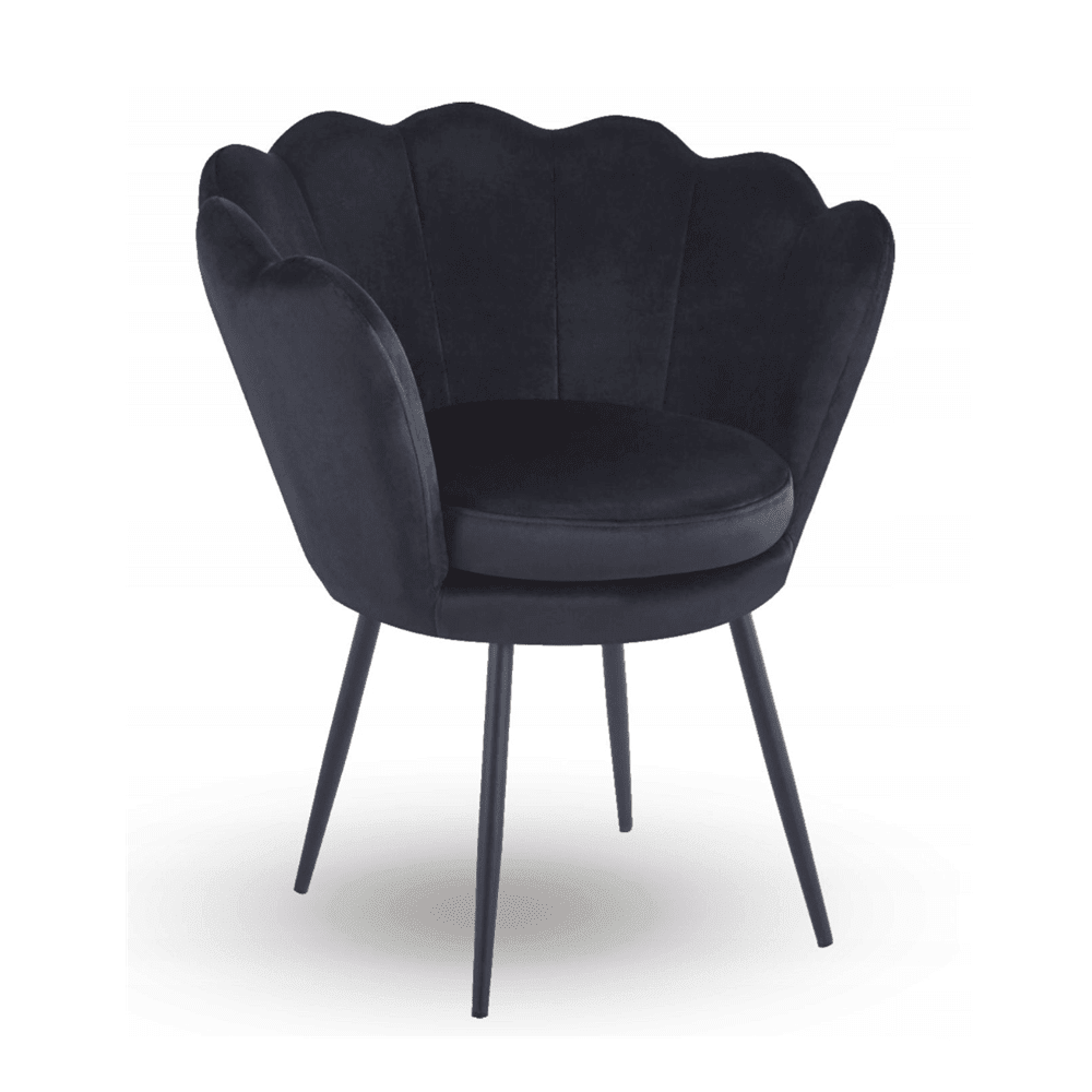 Fotoliu tapitat tip scoica din catifea negru, design modern Glamour, picioare metalice negre, 78x78 cm - Reelken