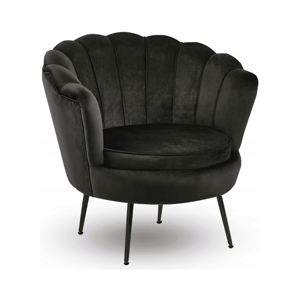 Fotoliu tapitat tip scoica din catifea negru, design modern Glamour, picioare metalice negre, 78x78 cm - Reelken