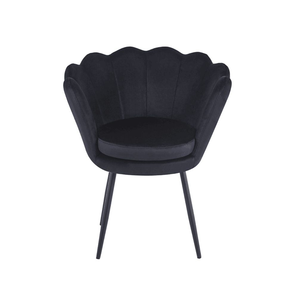 Fotoliu tapitat tip scoica din catifea negru, design modern Glamour, picioare metalice negre, 78x78 cm - Reelken