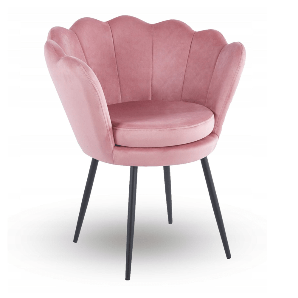 Fotoliu tapitat tip scoica din catifea roz, design modern Glamour, picioare metalice negre, 78x78 cm - Reelken
