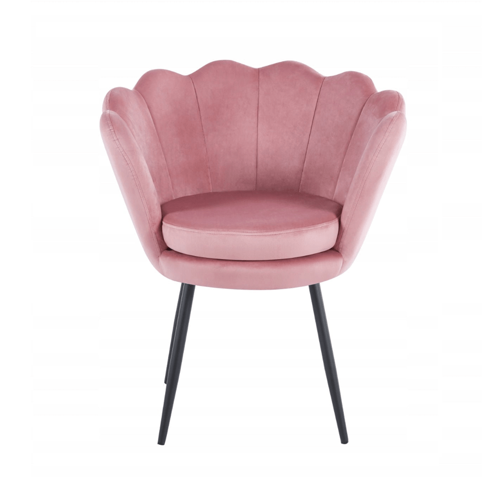 Fotoliu tapitat tip scoica din catifea roz, design modern Glamour, picioare metalice negre, 78x78 cm - Reelken