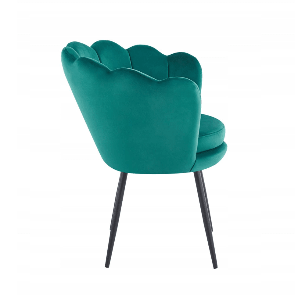 Fotoliu tapitat tip scoica din catifea verde, design modern Glamour, picioare metalice negre, 78x78 cm - Reelken