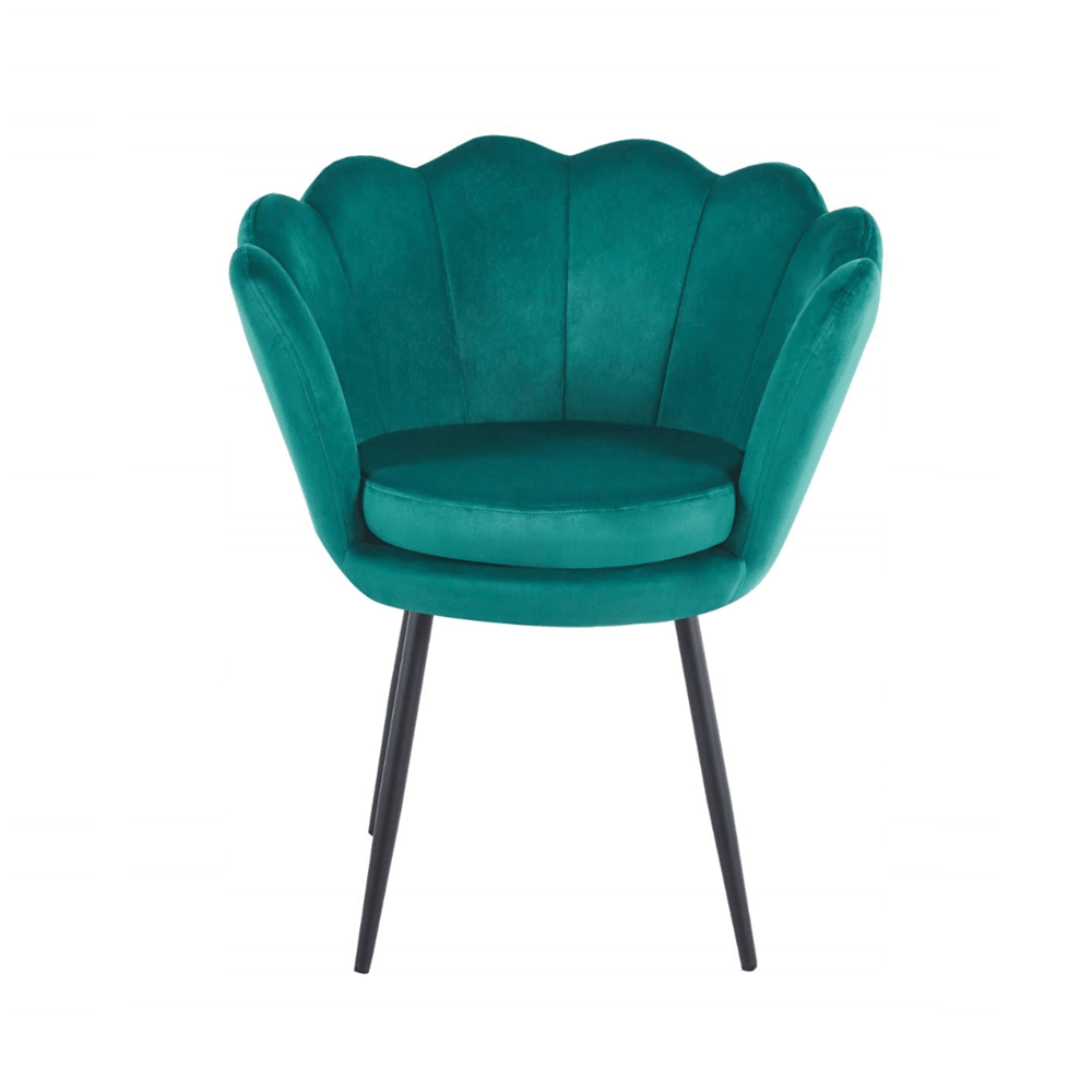 Fotoliu tapitat tip scoica din catifea verde, design modern Glamour, picioare metalice negre, 78x78 cm - Reelken