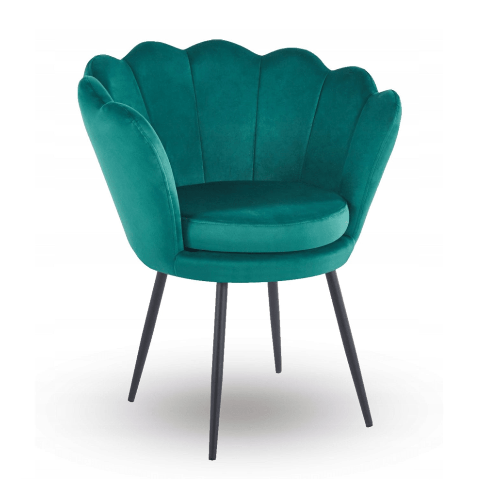 Fotoliu tapitat tip scoica din catifea verde, design modern Glamour, picioare metalice negre, 78x78 cm - Reelken