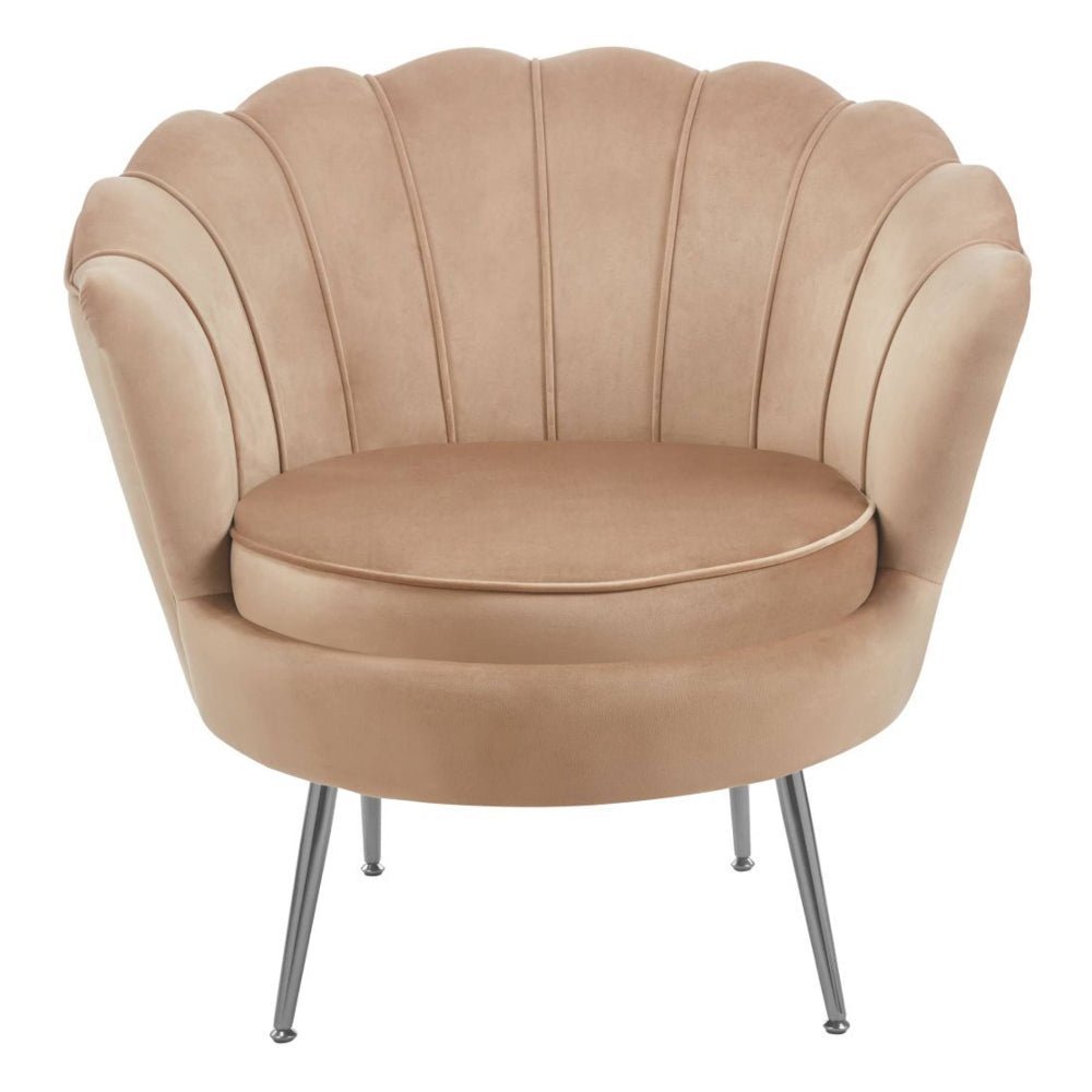 Fotoliu tip scoica, tapiterie catifea velvet cappucino, picioare metal cromate argintii, 78x78 cm - Reelken