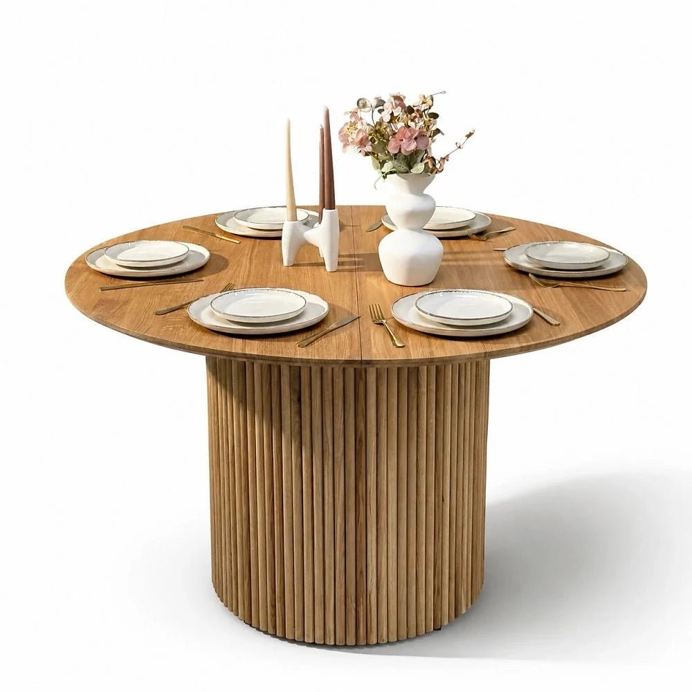 Masa rotunda extensibila din lemn masiv de stejar 115 cm cu picior central rotund - Reelken