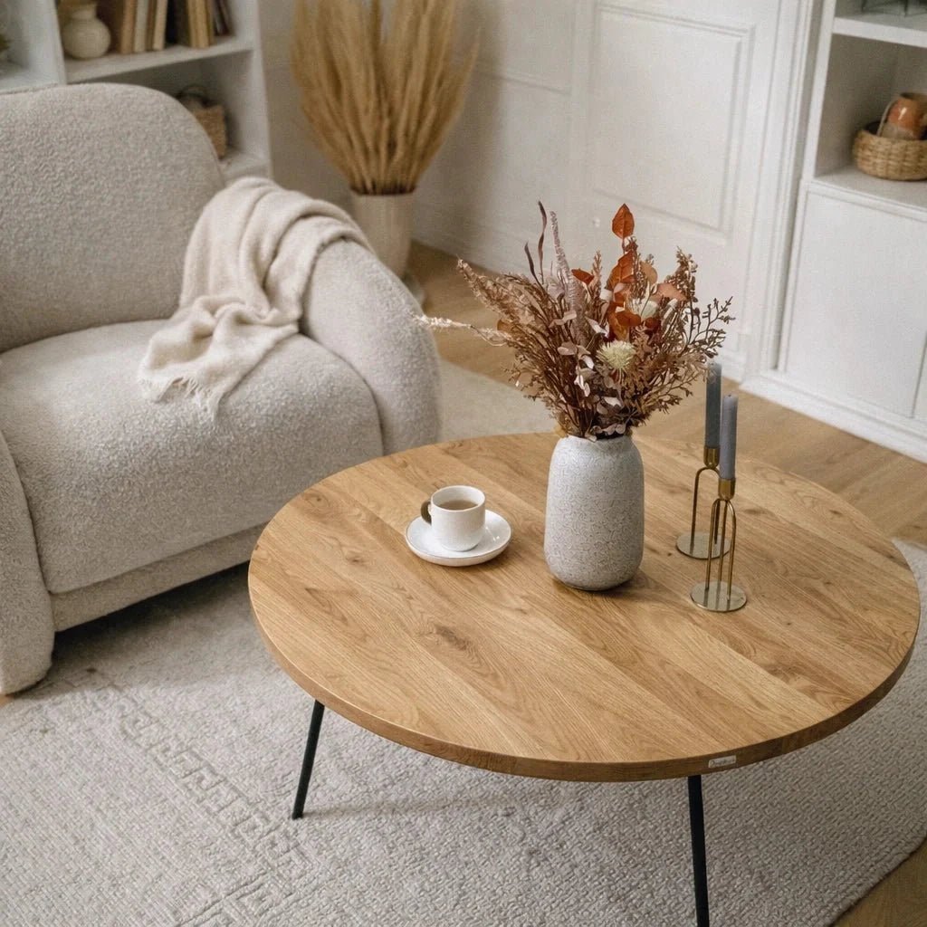 Masuta rotunda de cafea din stejar masiv diametru 90 cm – eleganta, spatioasa, gata de montaj - Reelken