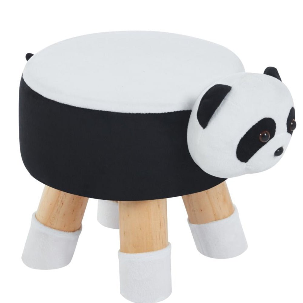 Puf copii panda, taburet tapitat plus, alb-negru, picioare din lemn cu protectii pentru pardoseala, 30x30x30 cm - Reelken