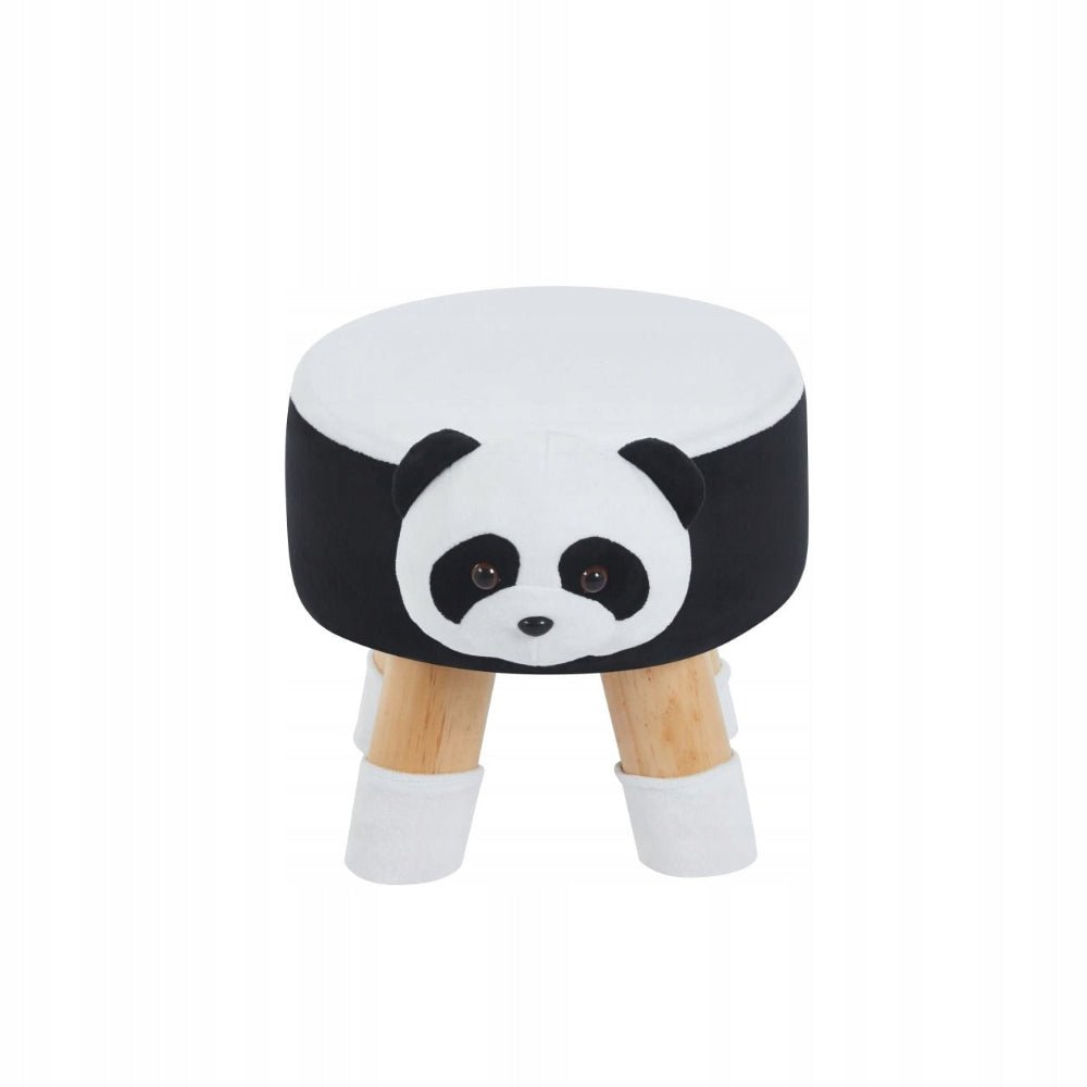 Puf copii panda, taburet tapitat plus, alb-negru, picioare din lemn cu protectii pentru pardoseala, 30x30x30 cm - Reelken