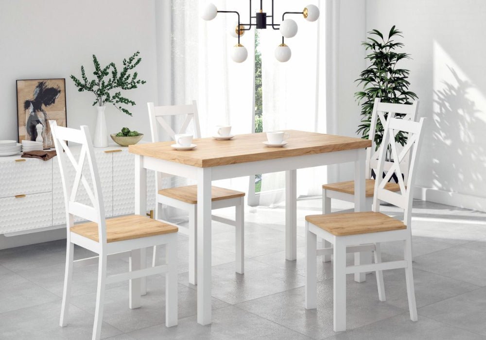 Scaun bucatarie/dining din pin masiv, alb cu sezut stejar auriu craft, 94 cm - Reelken