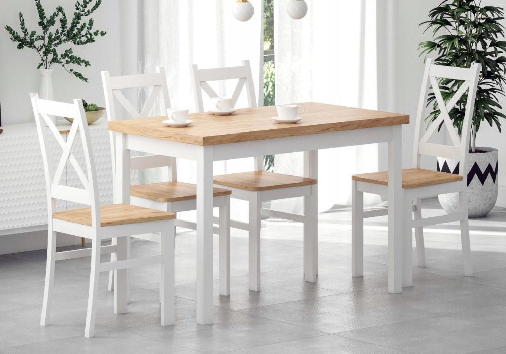 Scaun bucatarie/dining din pin masiv, alb cu sezut stejar auriu craft, 94 cm - Reelken