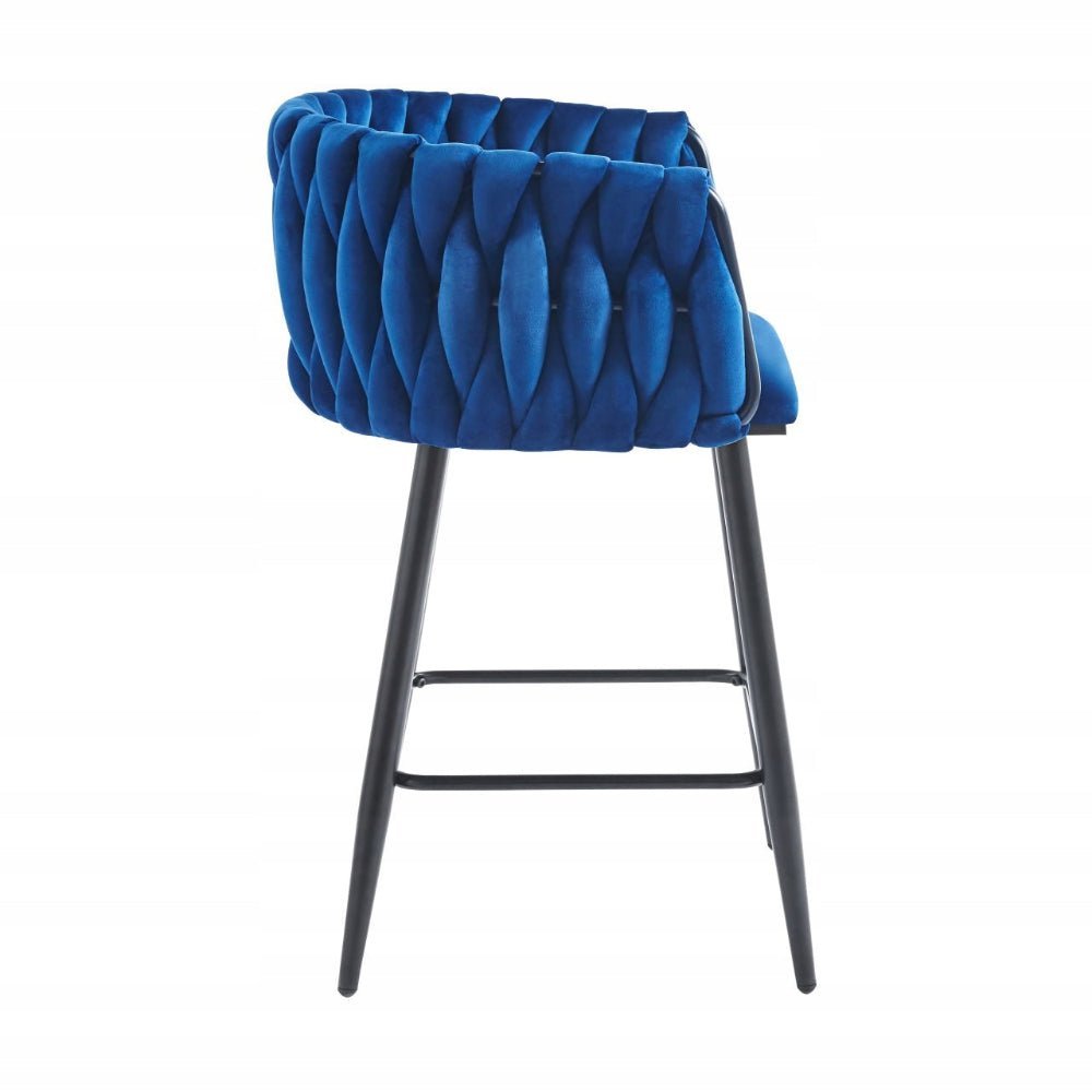 Scaun de bar (hoker), catifea/velur albastra, spatar impletit, cadru metalic negru, 64 cm - Reelken