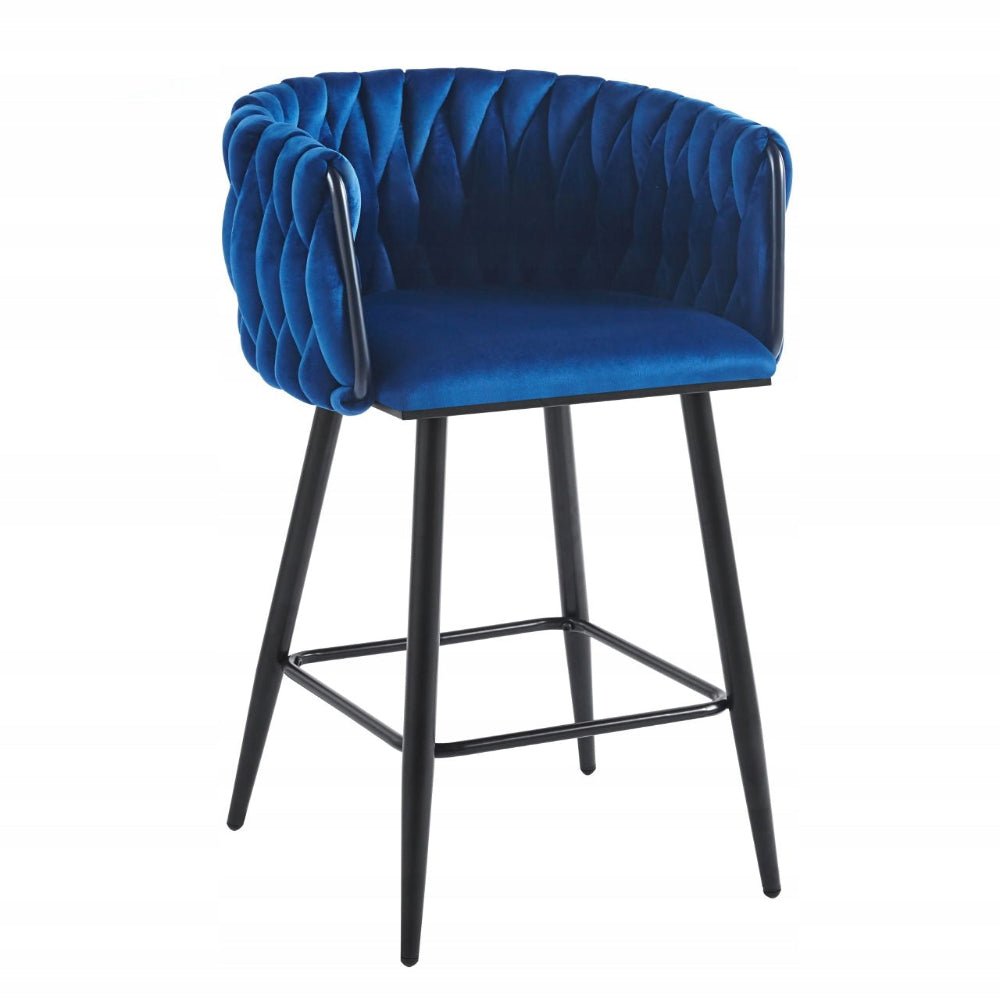 Scaun de bar (hoker), catifea/velur albastra, spatar impletit, cadru metalic negru, 64 cm - Reelken