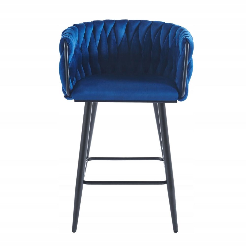 Scaun de bar (hoker), catifea/velur albastra, spatar impletit, cadru metalic negru, 64 cm - Reelken