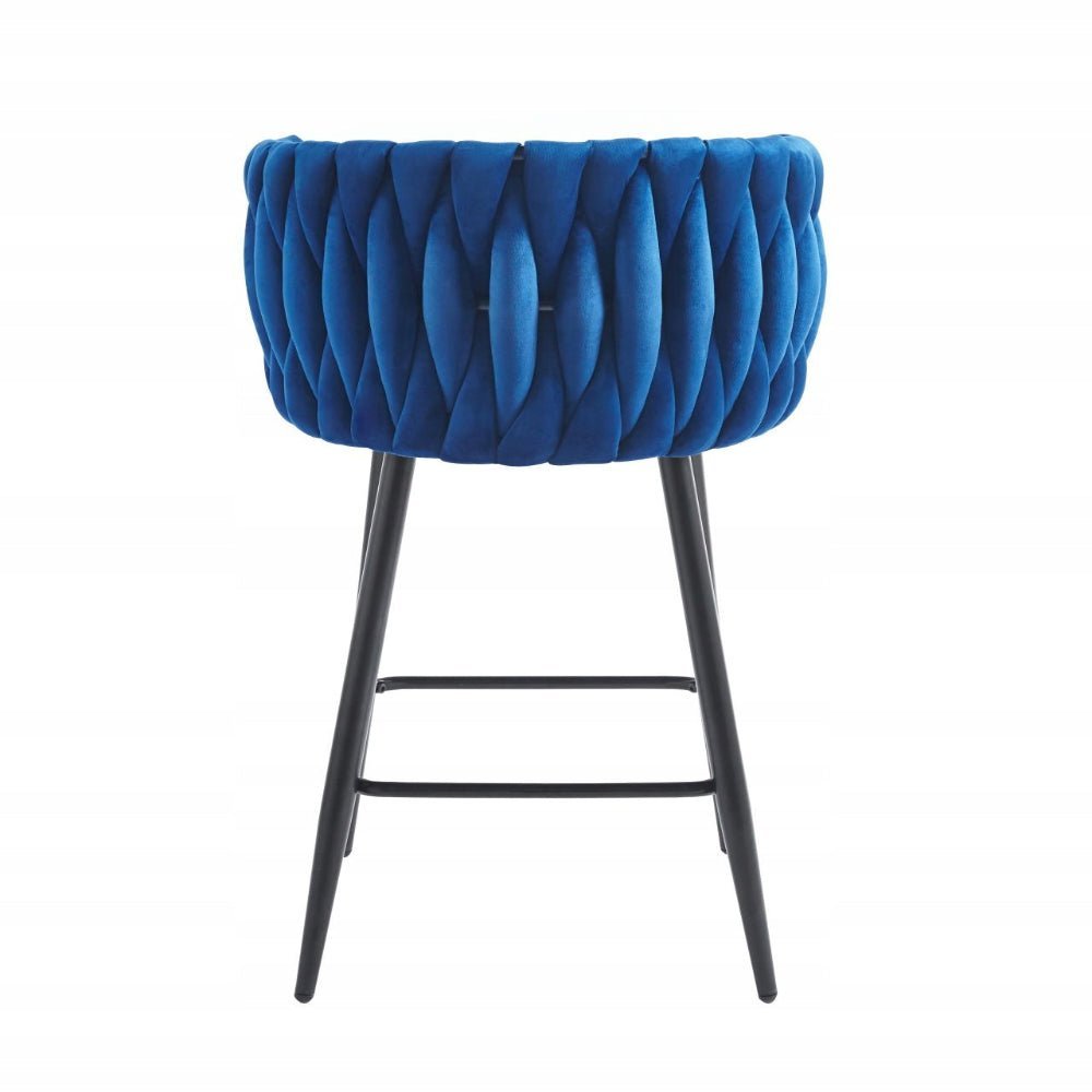 Scaun de bar (hoker), catifea/velur albastra, spatar impletit, cadru metalic negru, 64 cm - Reelken