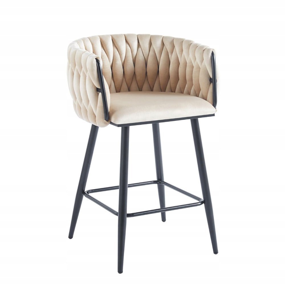 Scaun de bar (hoker), catifea/velur bej deschis, spatar impletit, cadru metalic negru, 64 cm - Reelken