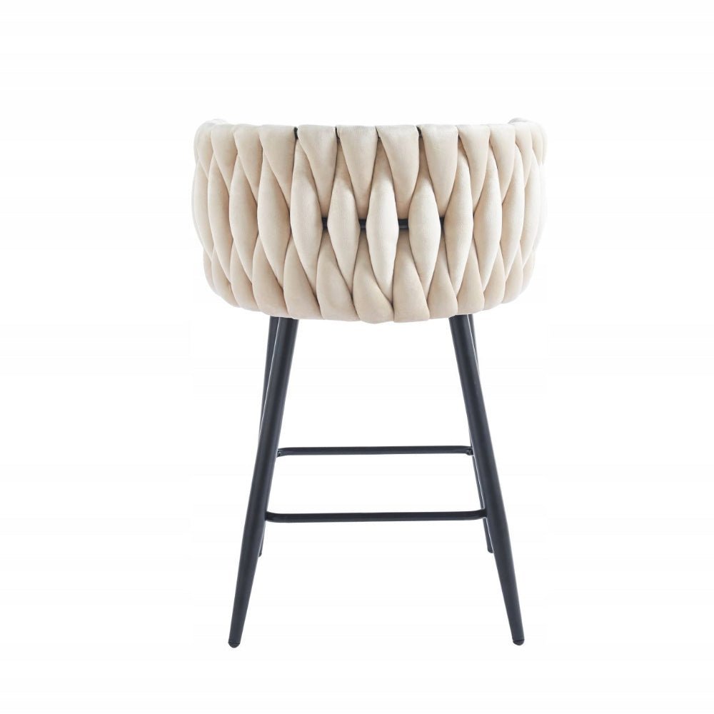 Scaun de bar (hoker), catifea/velur bej deschis, spatar impletit, cadru metalic negru, 64 cm - Reelken