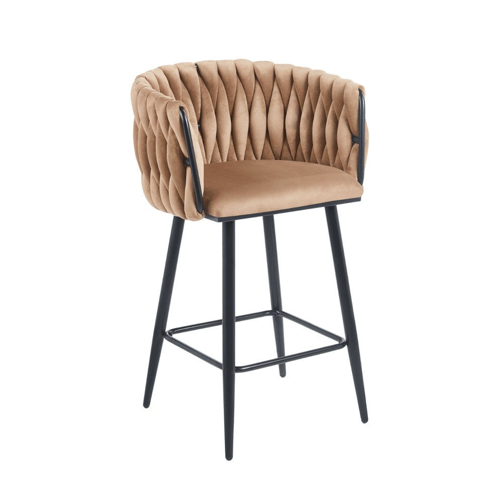 Scaun de bar (hoker), catifea/velur cappucino, spatar impletit, cadru metalic negru, 64 cm - Reelken