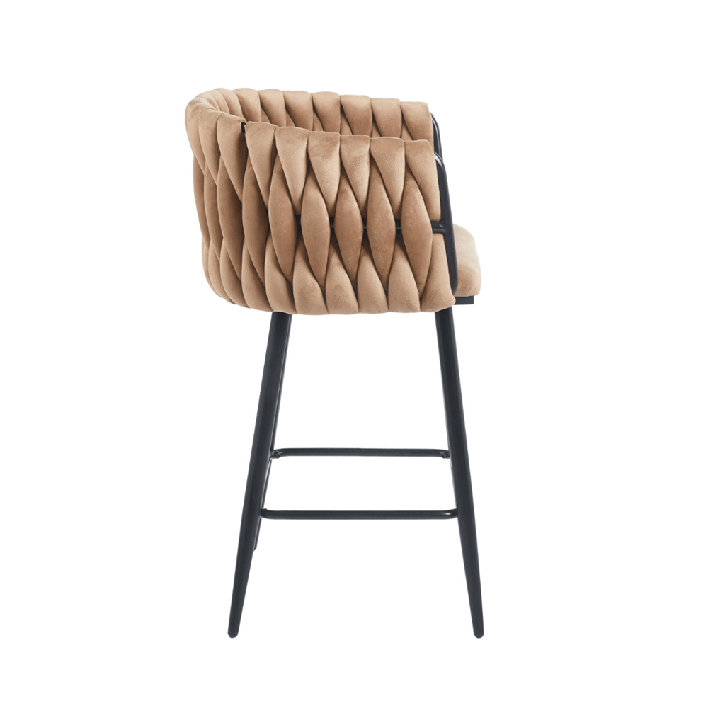 Scaun de bar (hoker), catifea/velur cappucino, spatar impletit, cadru metalic negru, 64 cm - Reelken