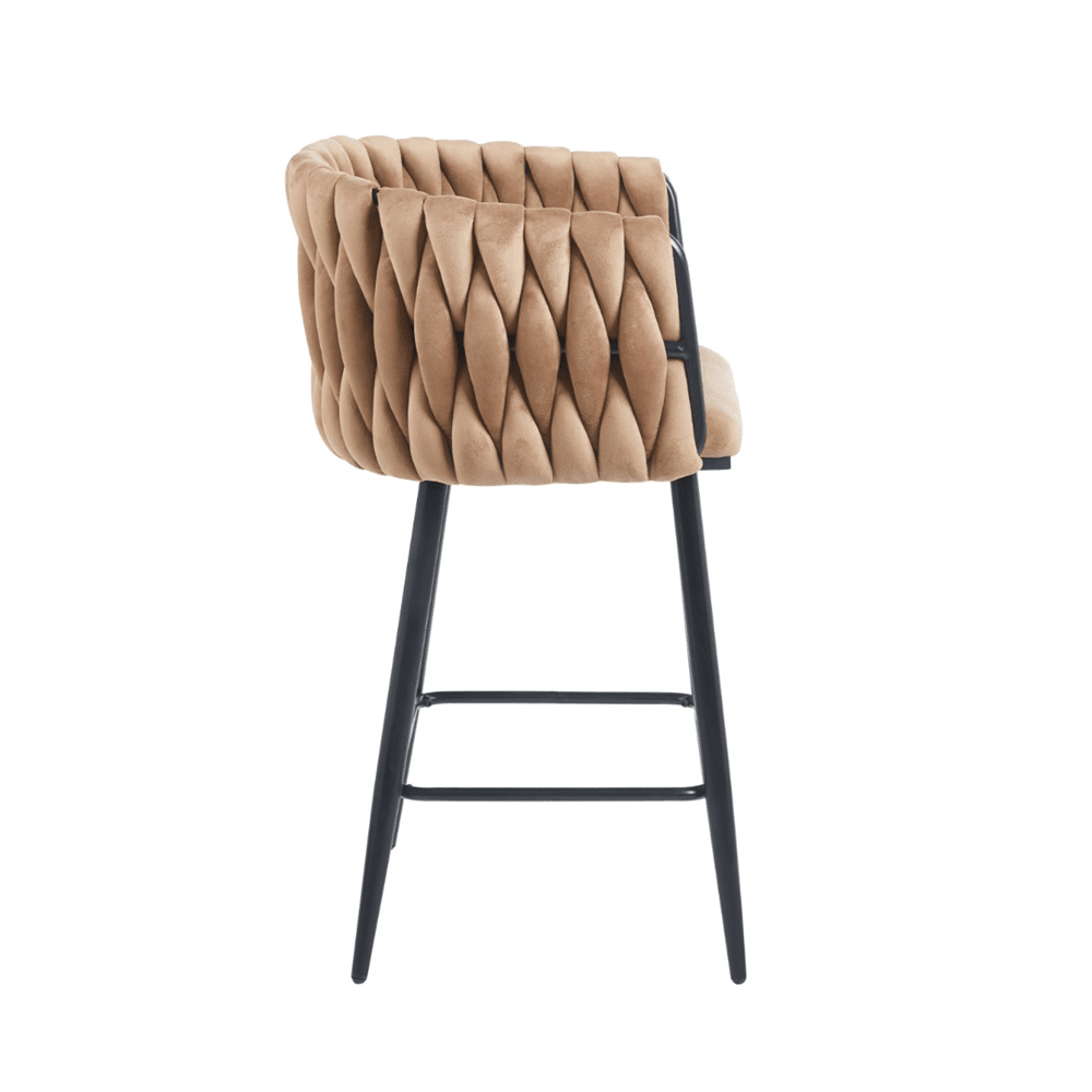 Scaun de bar (hoker), catifea/velur cappucino, spatar impletit, cadru metalic negru, 64 cm - Reelken