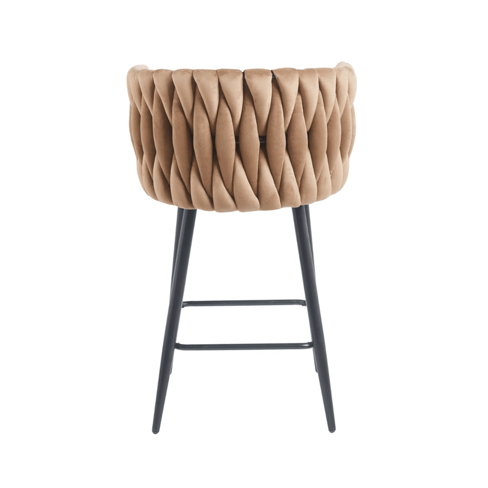 Scaun de bar (hoker), catifea/velur cappucino, spatar impletit, cadru metalic negru, 64 cm - Reelken