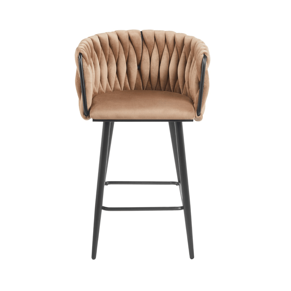 Scaun de bar (hoker), catifea/velur cappucino, spatar impletit, cadru metalic negru, 64 cm - Reelken