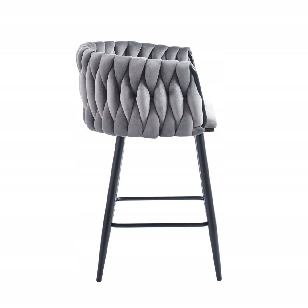 Scaun de bar (hoker), catifea/velur gri, spatar impletit, cadru metalic negru, 64 cm - Reelken