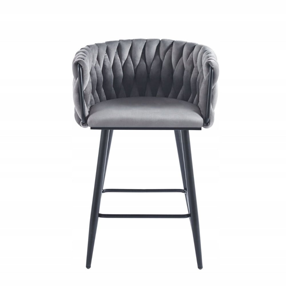 Scaun de bar (hoker), catifea/velur gri, spatar impletit, cadru metalic negru, 64 cm - Reelken