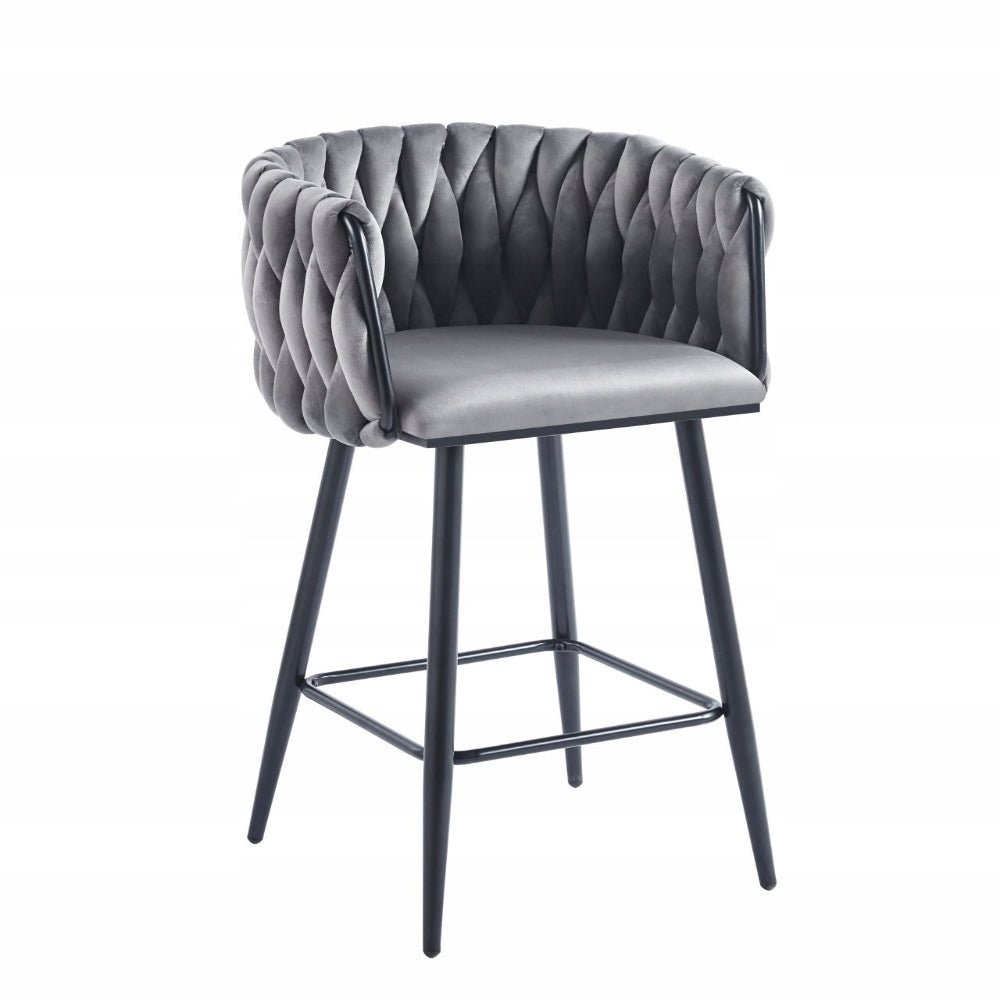 Scaun de bar (hoker), catifea/velur gri, spatar impletit, cadru metalic negru, 64 cm - Reelken