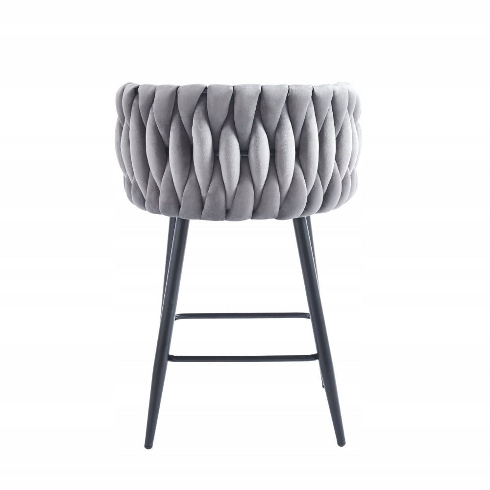 Scaun de bar (hoker), catifea/velur gri, spatar impletit, cadru metalic negru, 64 cm - Reelken