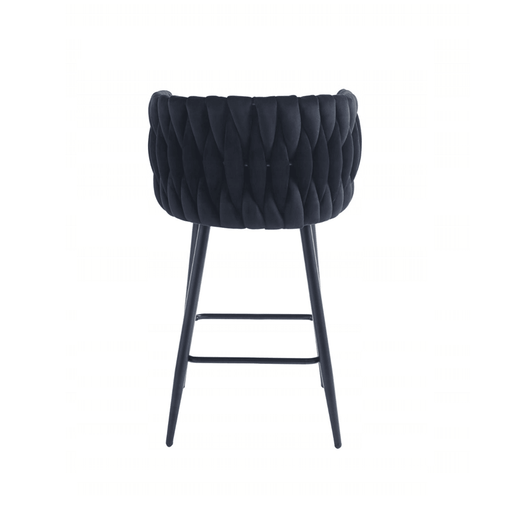 Scaun de bar (hoker), catifea/velur neagra, spatar impletit, cadru metalic negru, 64 cm - Reelken